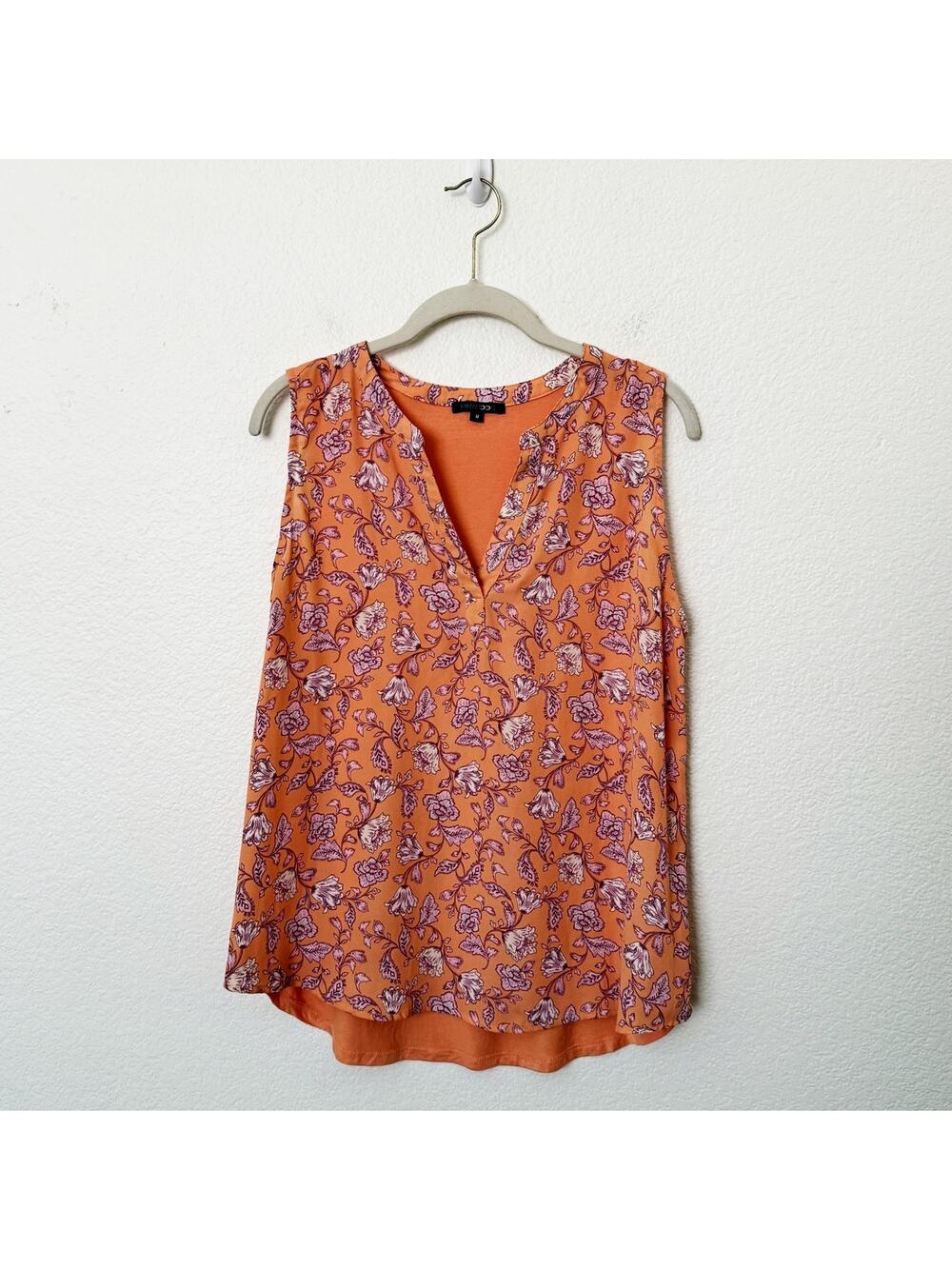 [Papermoon] Orange Floral Print Sleeveless Chiffon Blouse Work Top Size Medium M